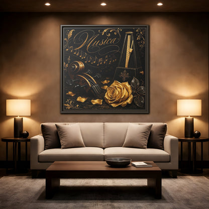 Mockup 2. Vintage Musical Instruments Gold And Black Music shown as framed canvas print