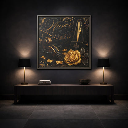 Mockup 3. Vintage Musical Instruments Gold And Black Music shown as framed canvas print