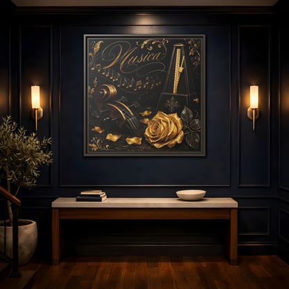 Mockup 4. Vintage Musical Instruments Gold And Black Music shown as framed canvas print