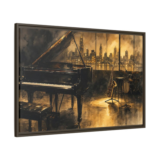 Main Mockup. Vintage Musical Instruments Jazz Music shown as framed canvas print