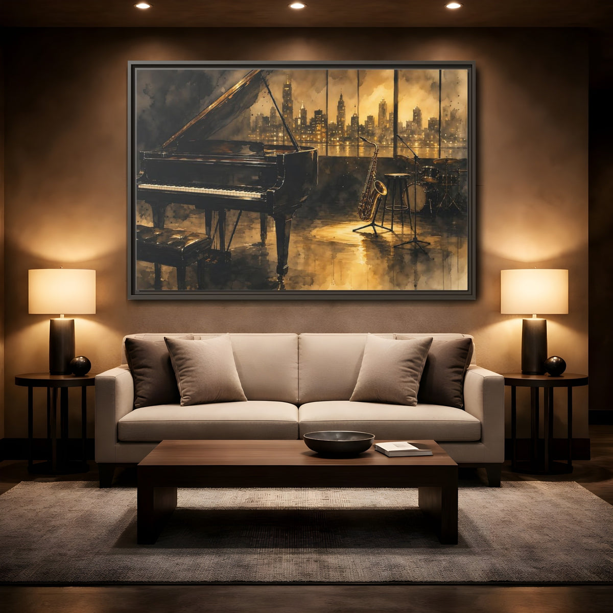 Mockup 2. Vintage Musical Instruments Jazz Music shown as framed canvas print