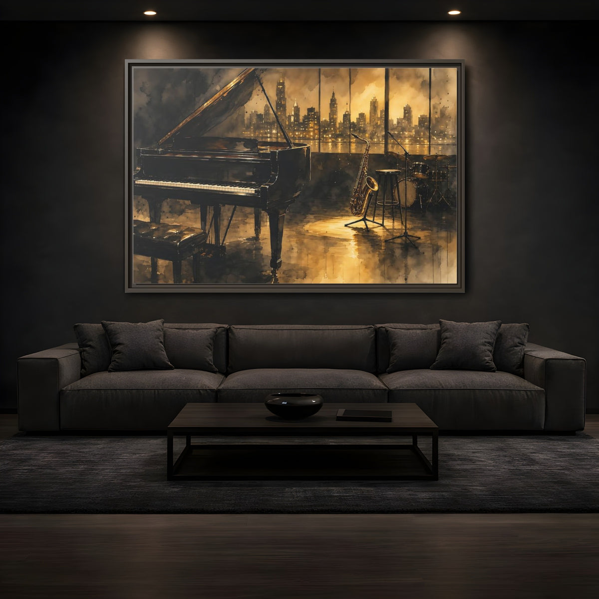 Mockup 3. Vintage Musical Instruments Jazz Music shown as framed canvas print