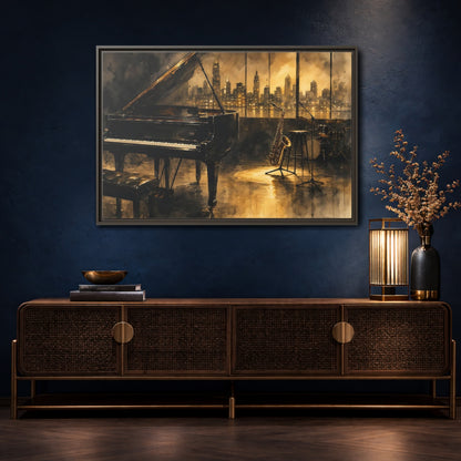 Mockup 4. Vintage Musical Instruments Jazz Music shown as framed canvas print