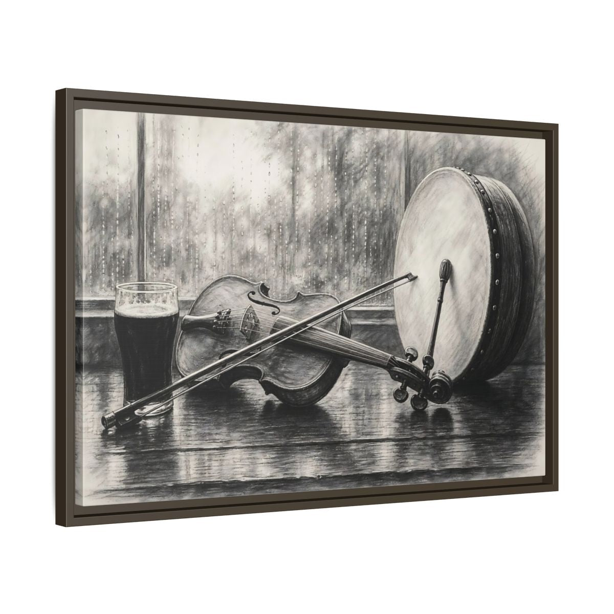 Side Mockup 11. Vintage Musical Instruments Monochrome Still Life shown as framed canvas print
