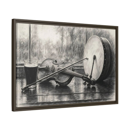 Side Mockup 11. Vintage Musical Instruments Monochrome Still Life shown as framed canvas print