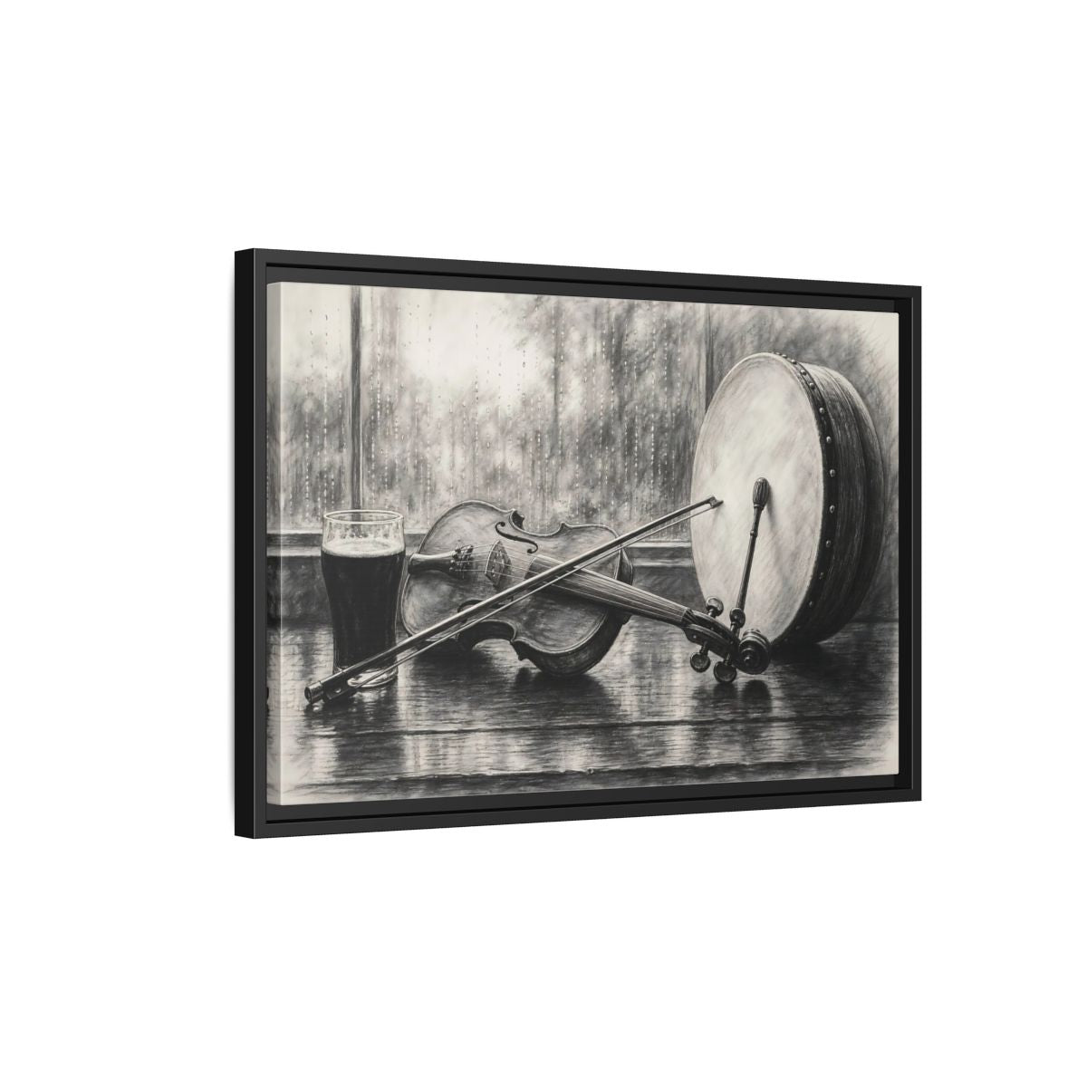 Side Mockup 3. Vintage Musical Instruments Monochrome Still Life shown as framed canvas print