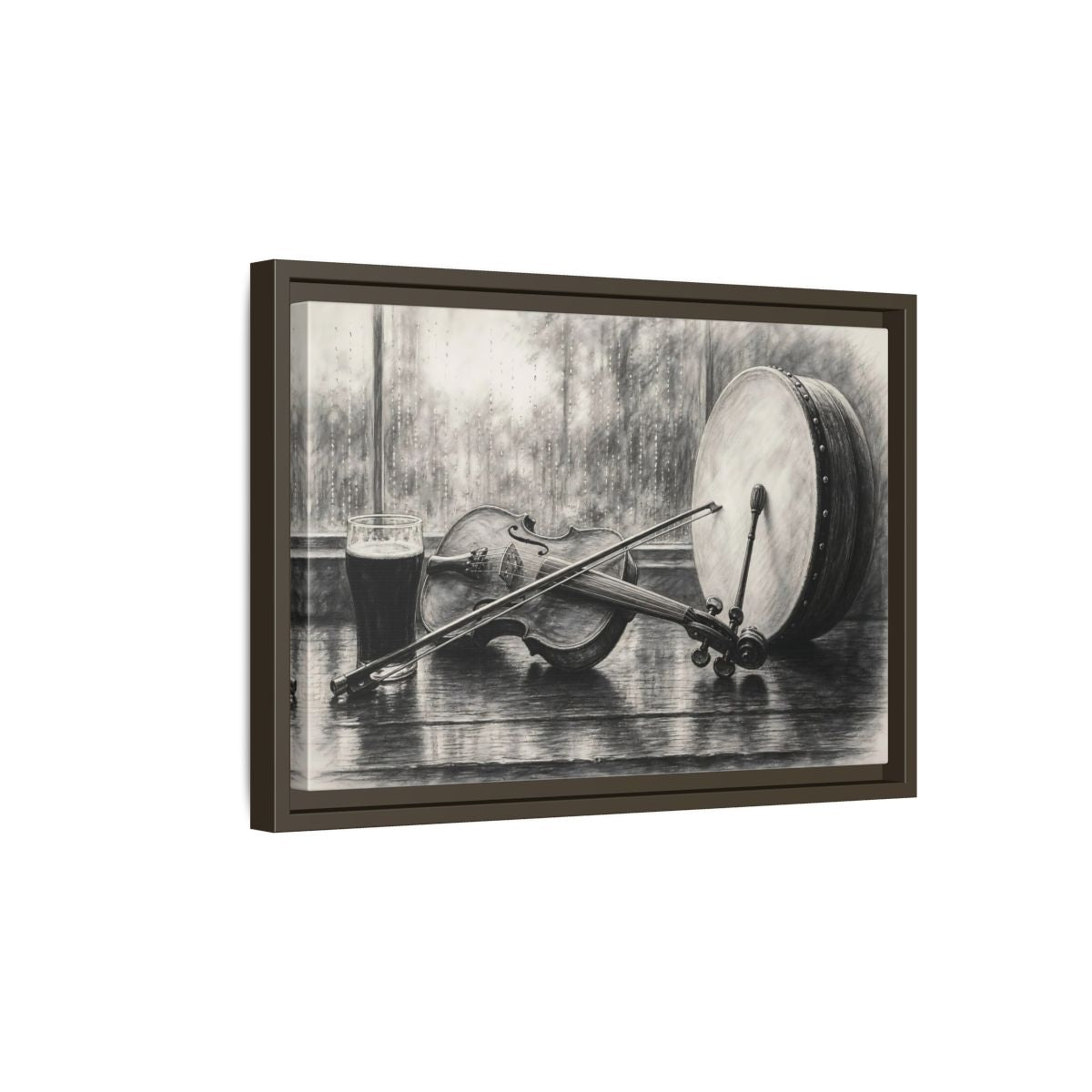 Side Mockup 5. Vintage Musical Instruments Monochrome Still Life shown as framed canvas print
