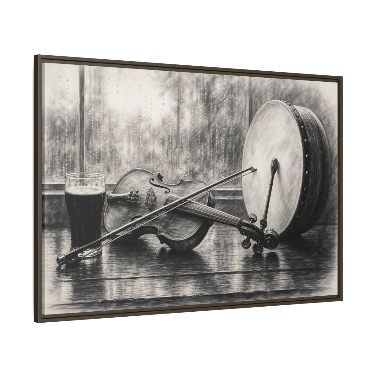 Side Mockup 8. Vintage Musical Instruments Monochrome Still Life shown as framed canvas print