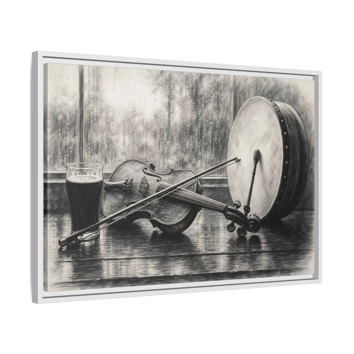 Side Mockup 10. Vintage Musical Instruments Monochrome Still Life shown as framed canvas print