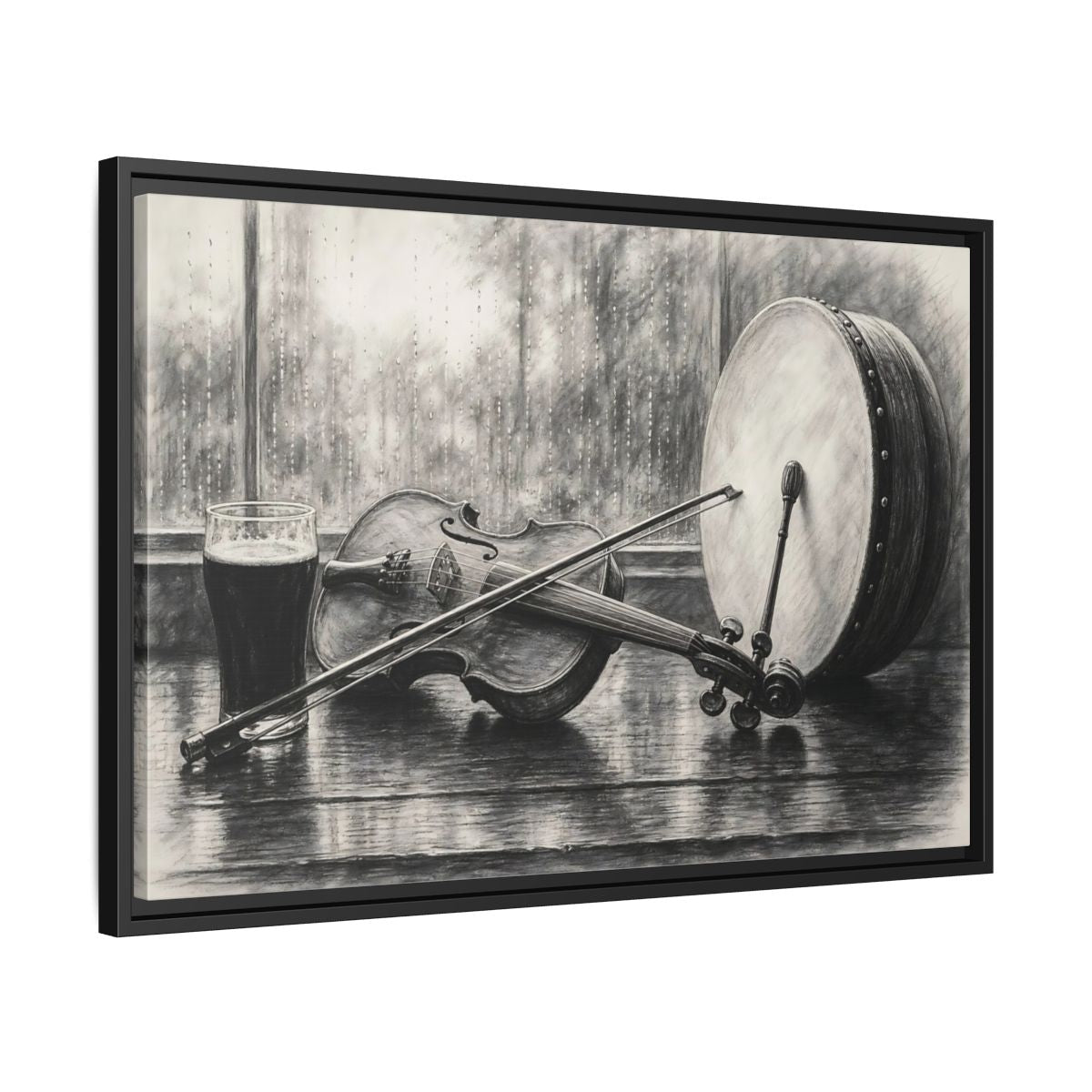 Side Mockup 14. Vintage Musical Instruments Monochrome Still Life shown as framed canvas print