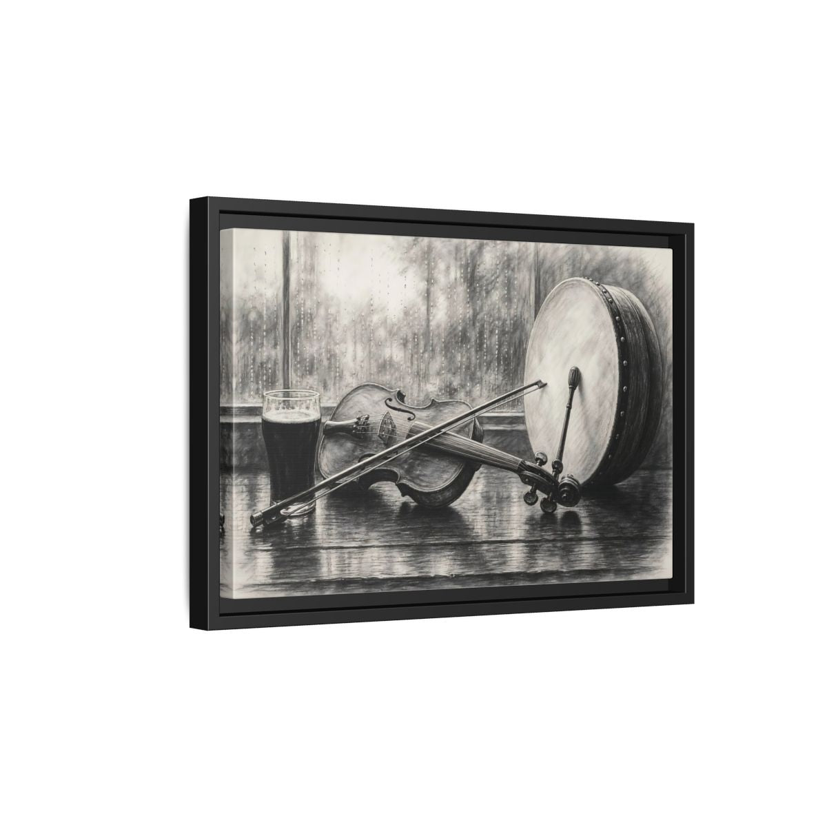 Side Mockup 6. Vintage Musical Instruments Monochrome Still Life shown as framed canvas print