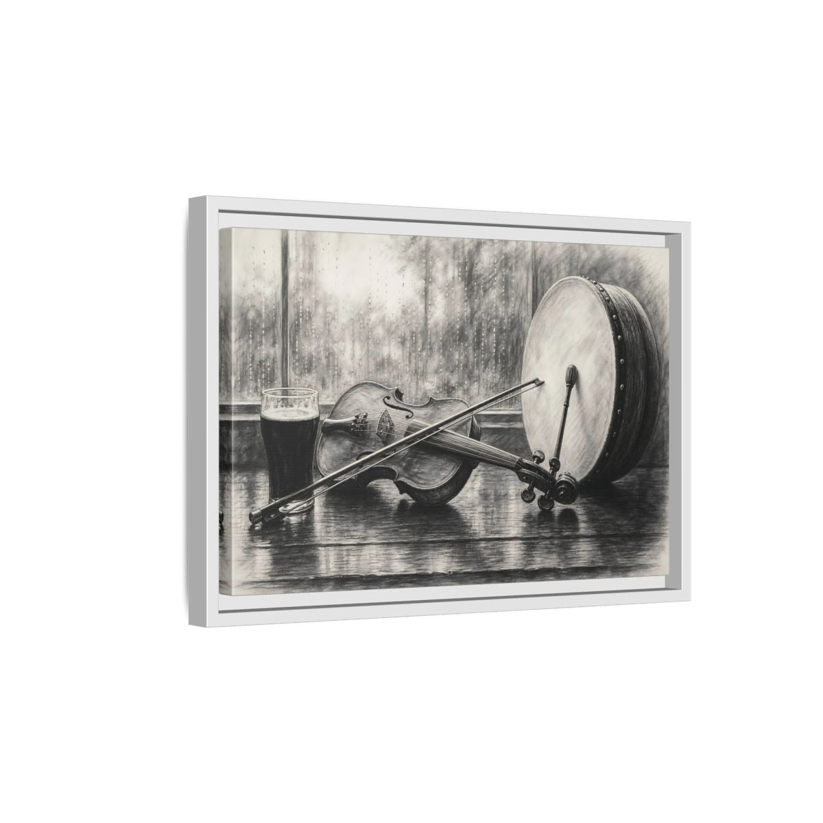 Side Mockup 4. Vintage Musical Instruments Monochrome Still Life shown as framed canvas print