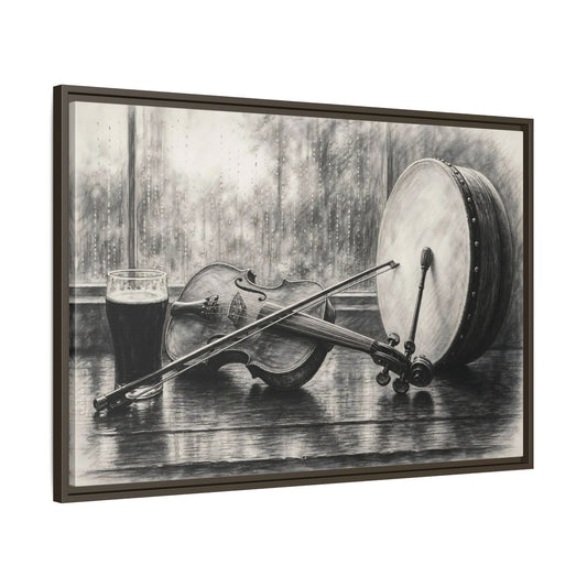 Main Mockup. Vintage Musical Instruments Monochrome Still Life shown as framed canvas print