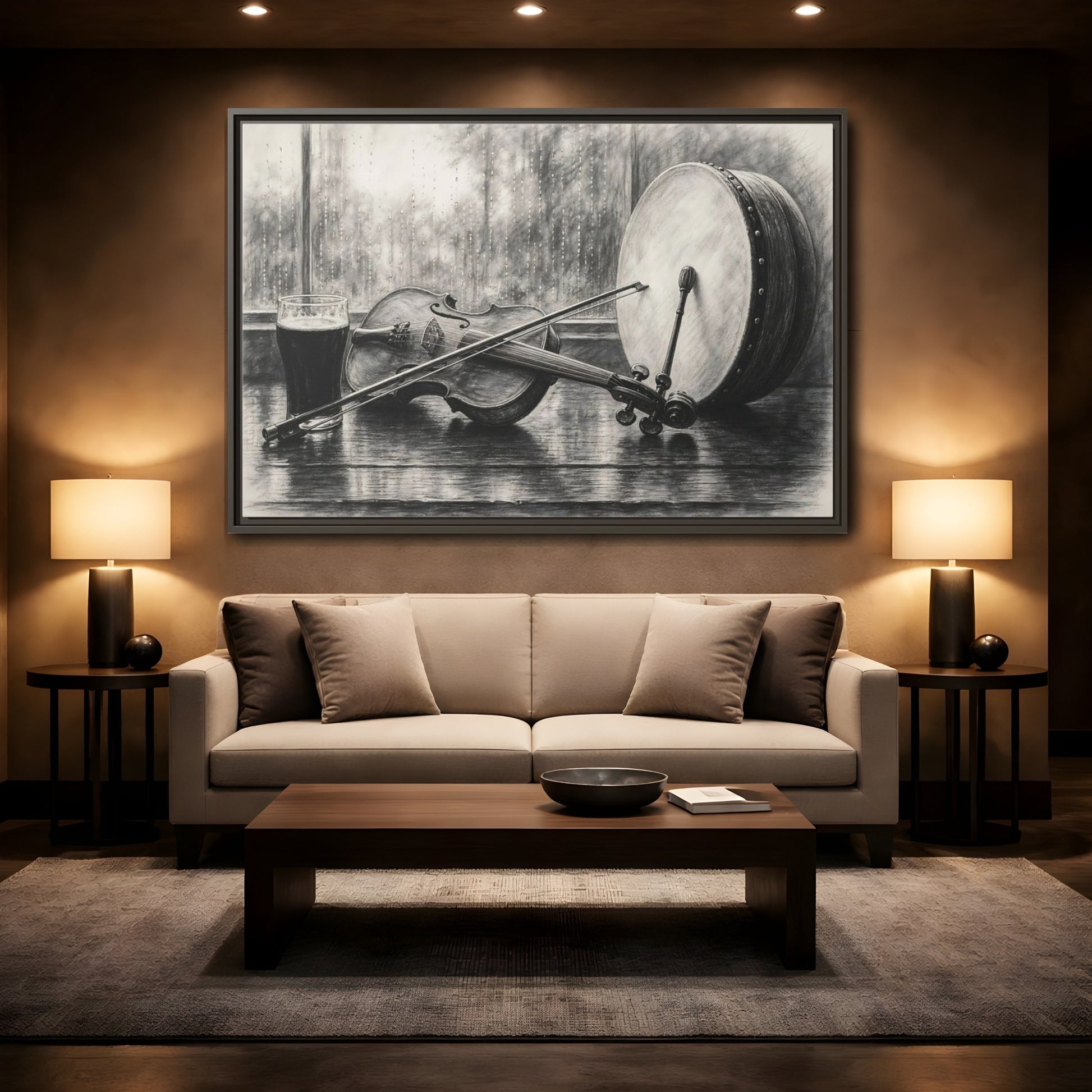 Mockup 2. Vintage Musical Instruments Monochrome Still Life shown as framed canvas print