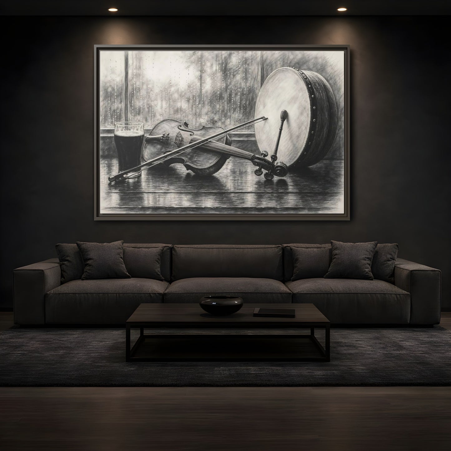Mockup 3. Vintage Musical Instruments Monochrome Still Life shown as framed canvas print