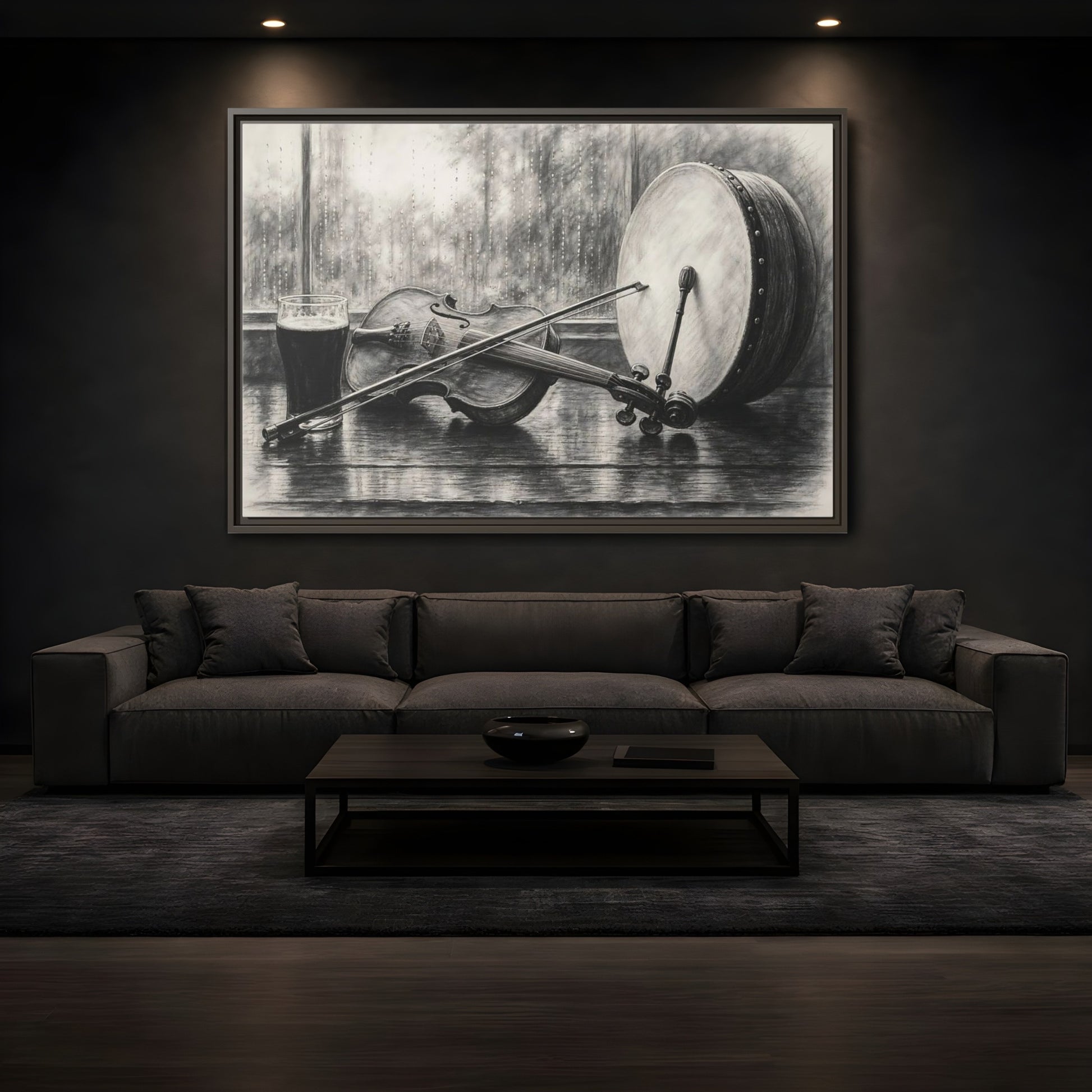 Mockup 3. Vintage Musical Instruments Monochrome Still Life shown as framed canvas print
