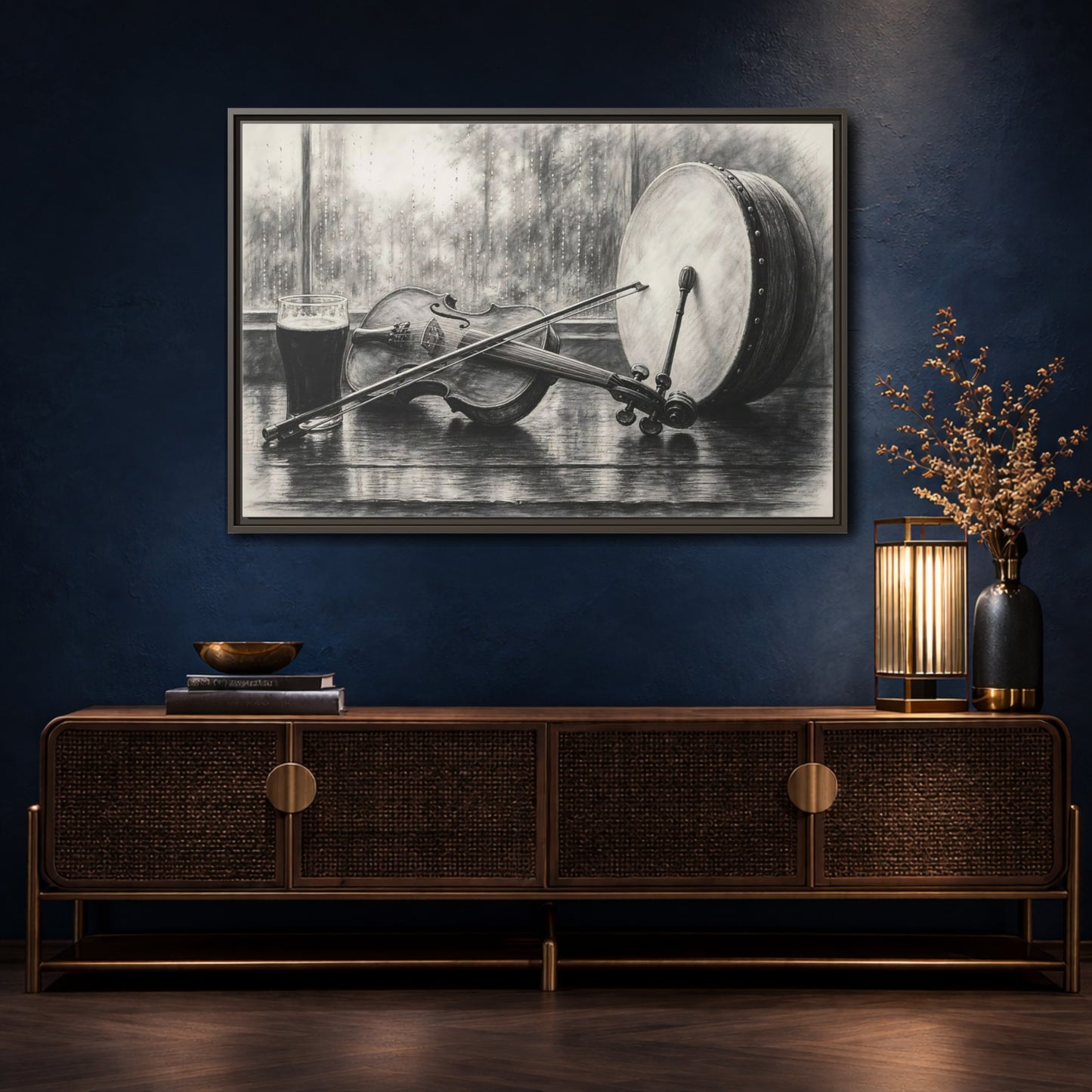 Mockup 4. Vintage Musical Instruments Monochrome Still Life shown as framed canvas print