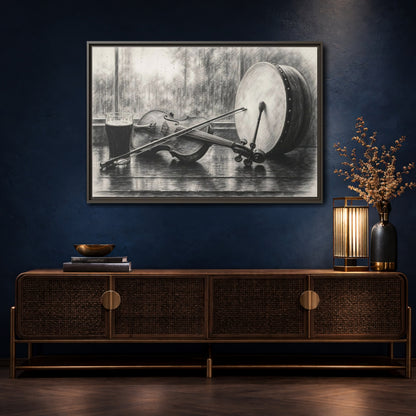 Mockup 4. Vintage Musical Instruments Monochrome Still Life shown as framed canvas print