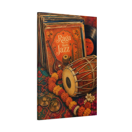 Main Mockup. Vintage Musical Instruments Orange And Teal shown as canvas print