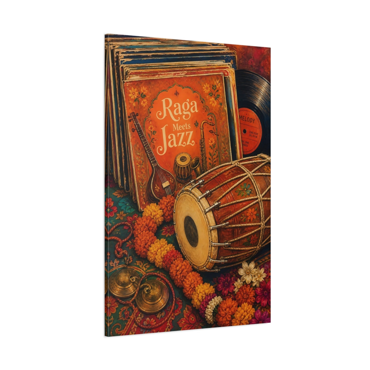 Side Mockup 1. Vintage Musical Instruments Orange And Teal shown as canvas print