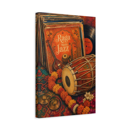 Side Mockup 4. Vintage Musical Instruments Orange And Teal shown as canvas print