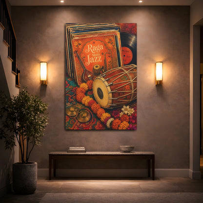 Mockup 2. Vintage Musical Instruments Orange And Teal shown as canvas print