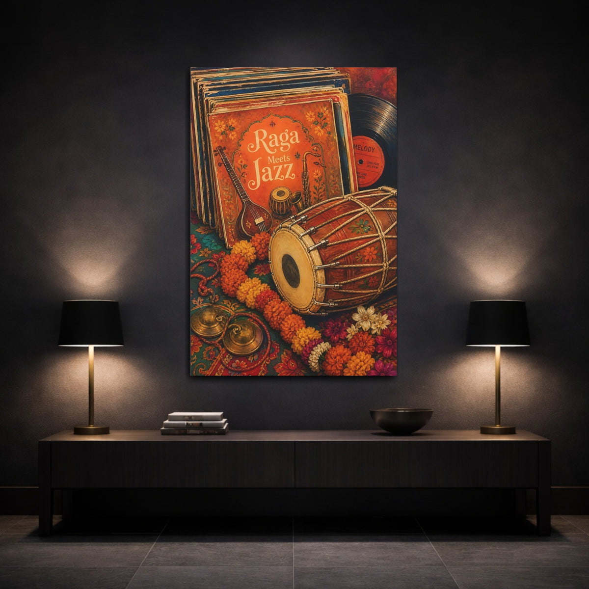 Mockup 3. Vintage Musical Instruments Orange And Teal shown as canvas print