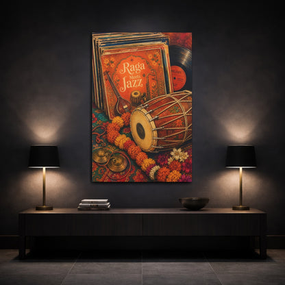 Mockup 3. Vintage Musical Instruments Orange And Teal shown as canvas print