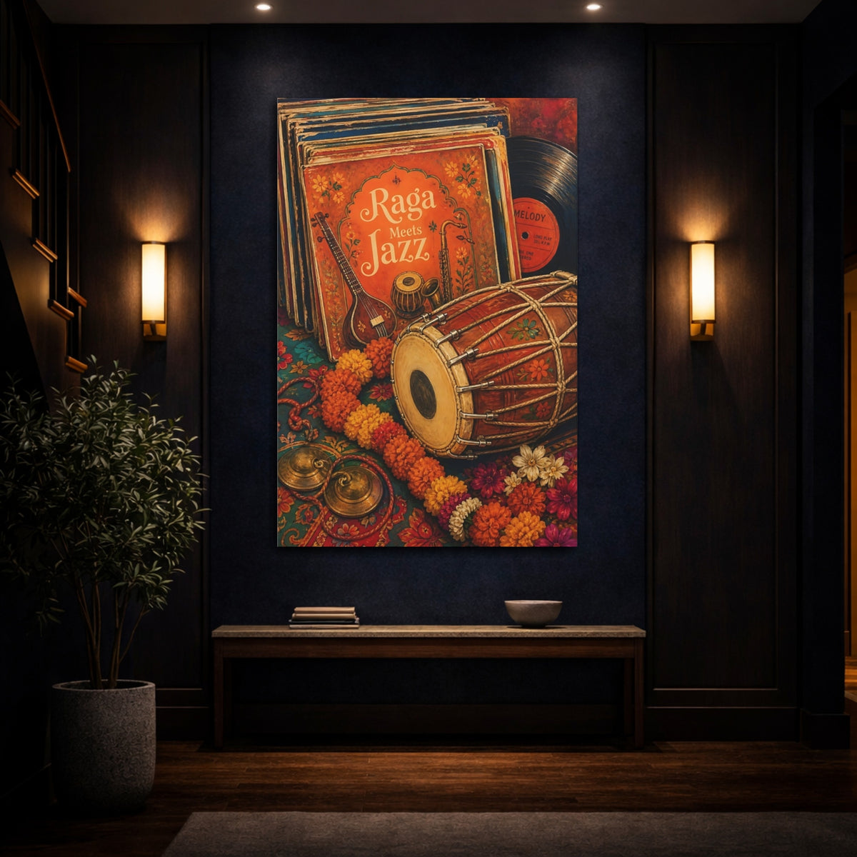 Mockup 4. Vintage Musical Instruments Orange And Teal shown as canvas print