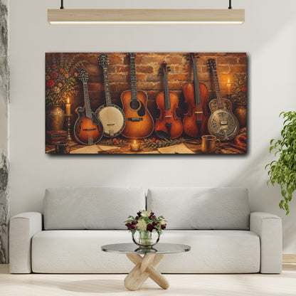 Mockup 2. Vintage Musical Instruments Rustic Musical Instruments shown as canvas print