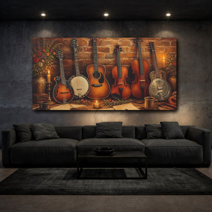 Mockup 3. Vintage Musical Instruments Rustic Musical Instruments shown as canvas print