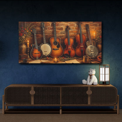 Mockup 4. Vintage Musical Instruments Rustic Musical Instruments shown as canvas print