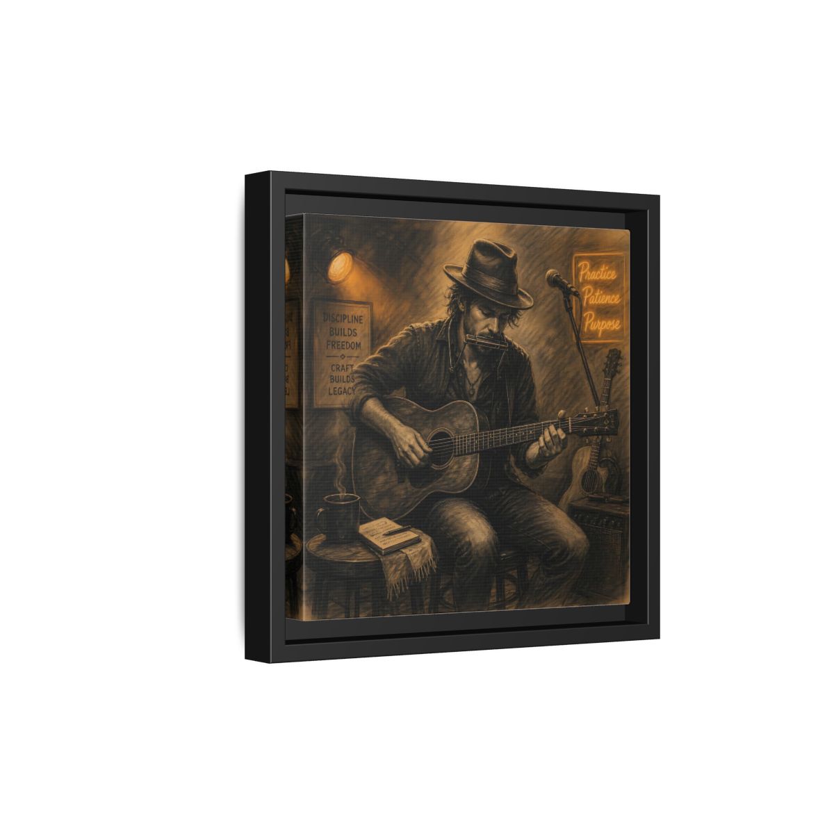 Side Mockup 21. Vintage Musician Sepia Musician shown as framed canvas print
