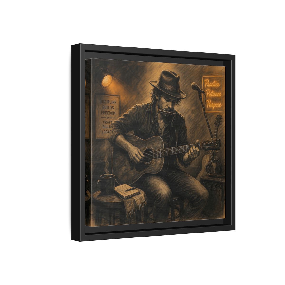 Side Mockup 18. Vintage Musician Sepia Musician shown as framed canvas print