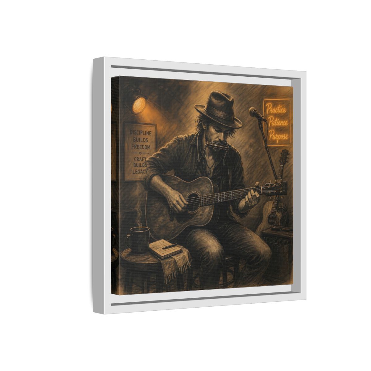 Side Mockup 16. Vintage Musician Sepia Musician shown as framed canvas print