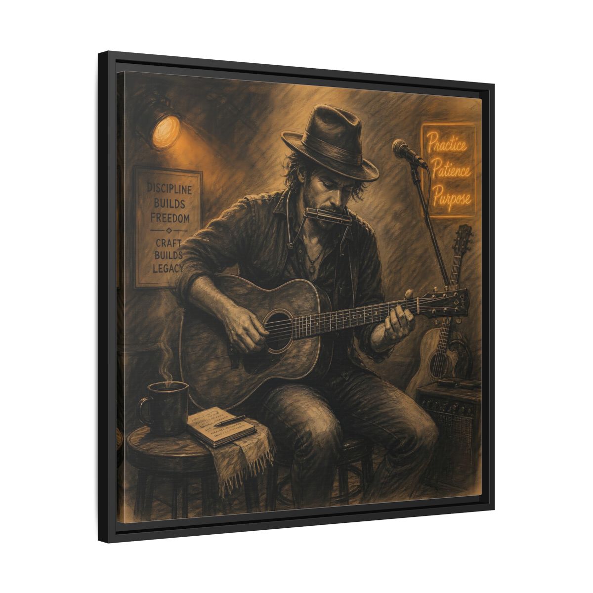 Side Mockup 31. Vintage Musician Sepia Musician shown as framed canvas print
