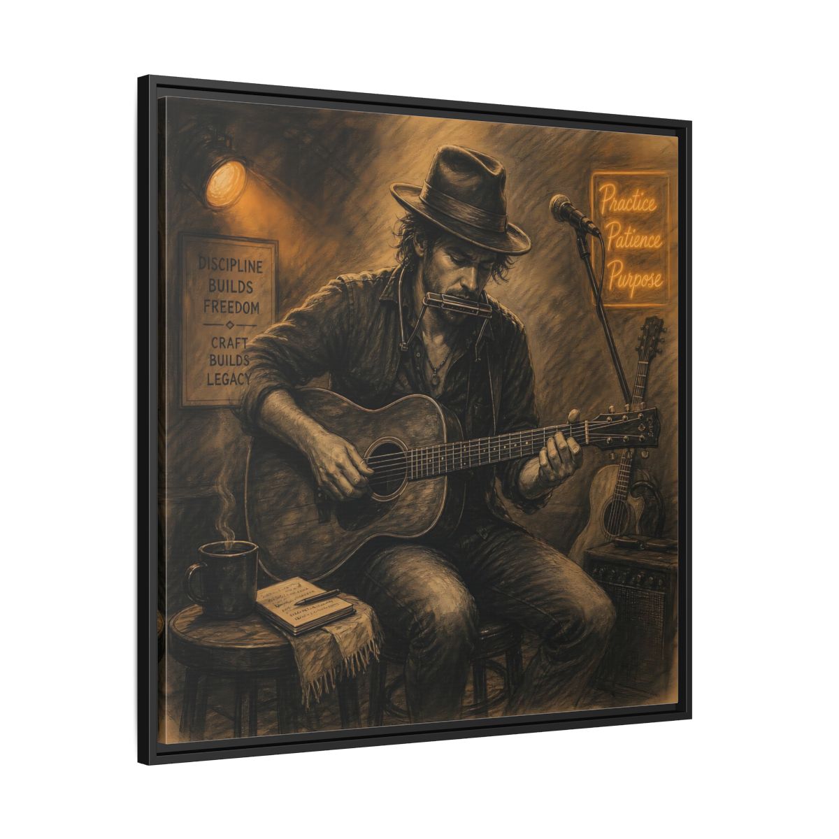 Side Mockup 30. Vintage Musician Sepia Musician shown as framed canvas print