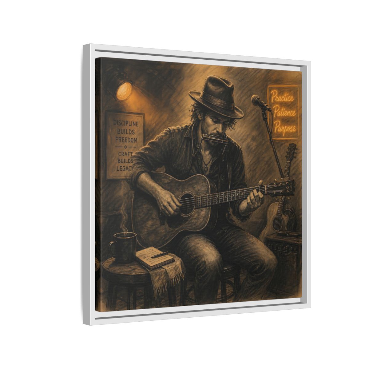 Side Mockup 10. Vintage Musician Sepia Musician shown as framed canvas print