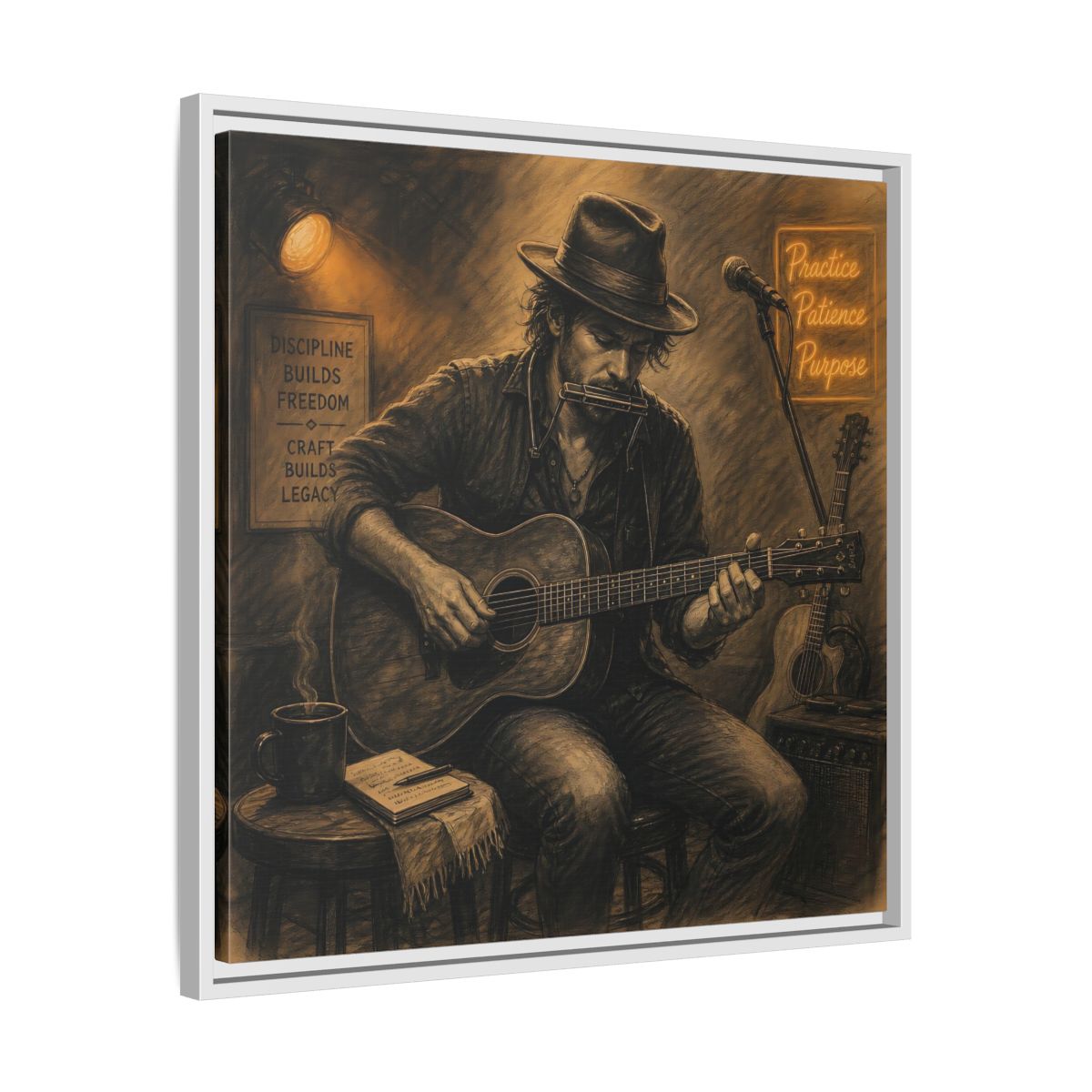 Side Mockup 26. Vintage Musician Sepia Musician shown as framed canvas print