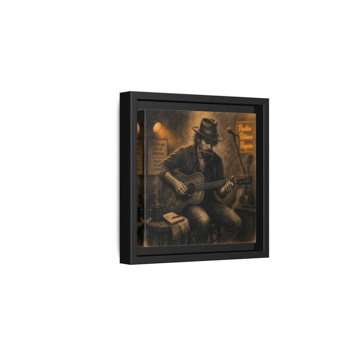 Side Mockup 3. Vintage Musician Sepia Musician shown as framed canvas print