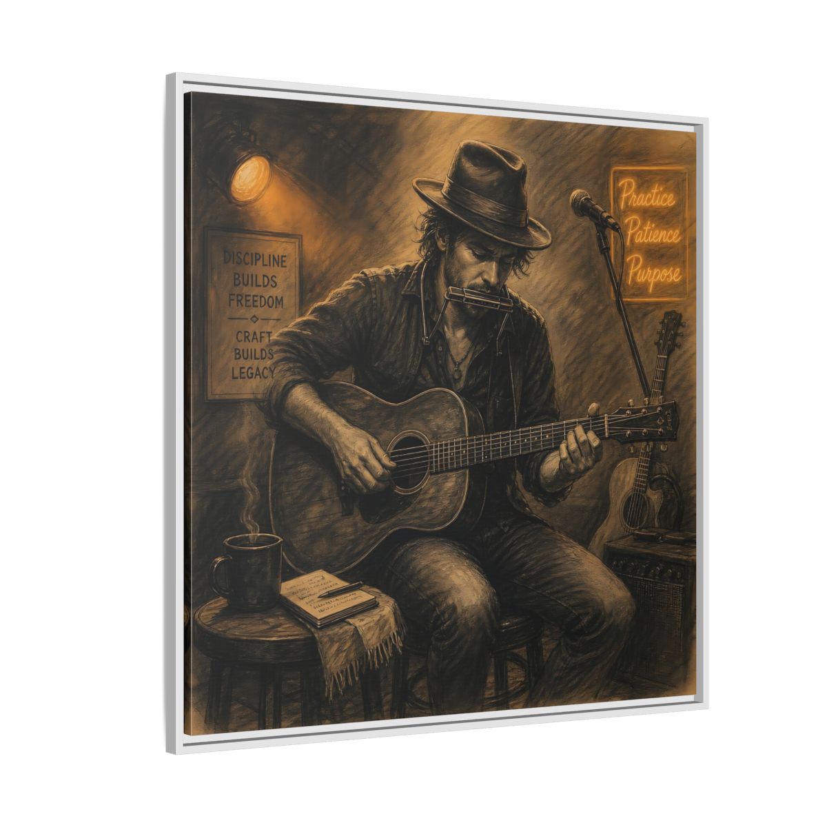 Side Mockup 4. Vintage Musician Sepia Musician shown as framed canvas print