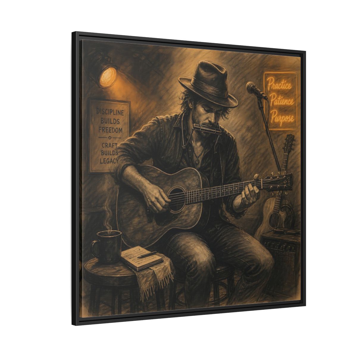 Side Mockup 6. Vintage Musician Sepia Musician shown as framed canvas print