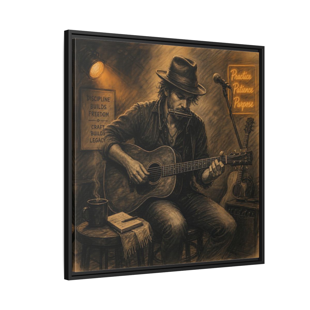 Side Mockup 9. Vintage Musician Sepia Musician shown as framed canvas print