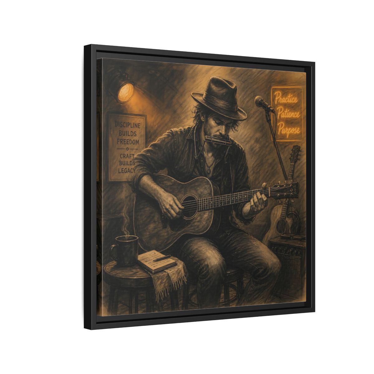 Side Mockup 12. Vintage Musician Sepia Musician shown as framed canvas print