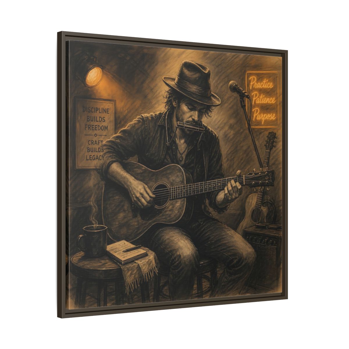 Main Mockup. Vintage Musician Sepia Musician shown as framed canvas print