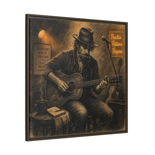 Main Mockup. Vintage Musician Sepia Musician shown as framed canvas print