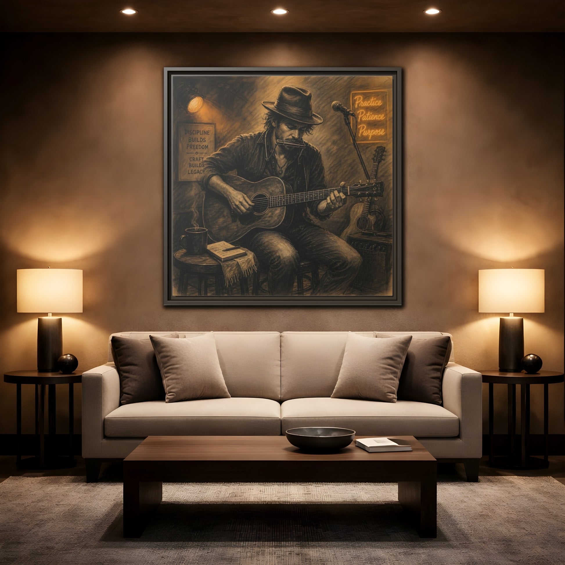 Mockup 2. Vintage Musician Sepia Musician shown as framed canvas print