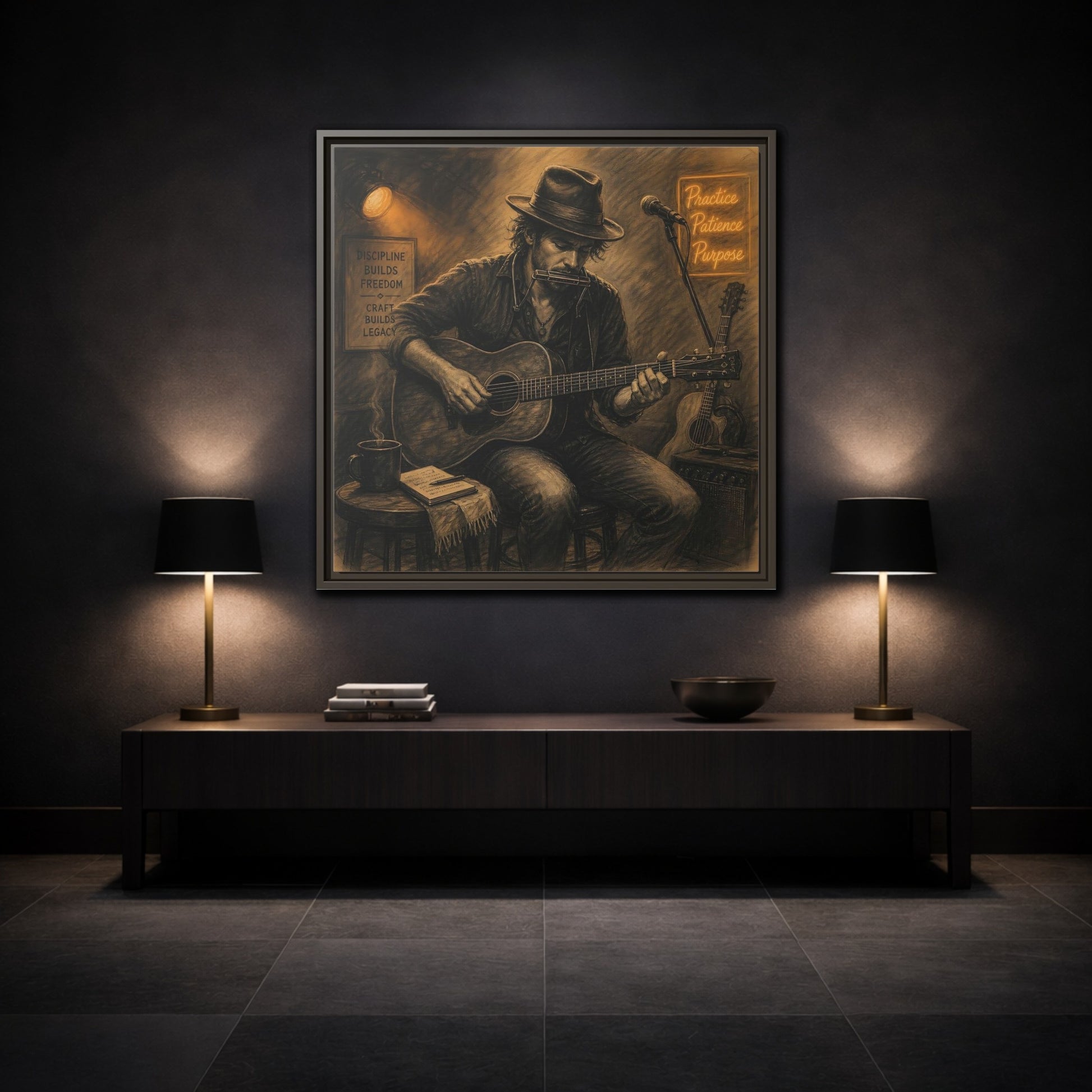 Mockup 3. Vintage Musician Sepia Musician shown as framed canvas print
