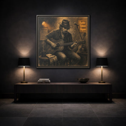 Mockup 3. Vintage Musician Sepia Musician shown as framed canvas print