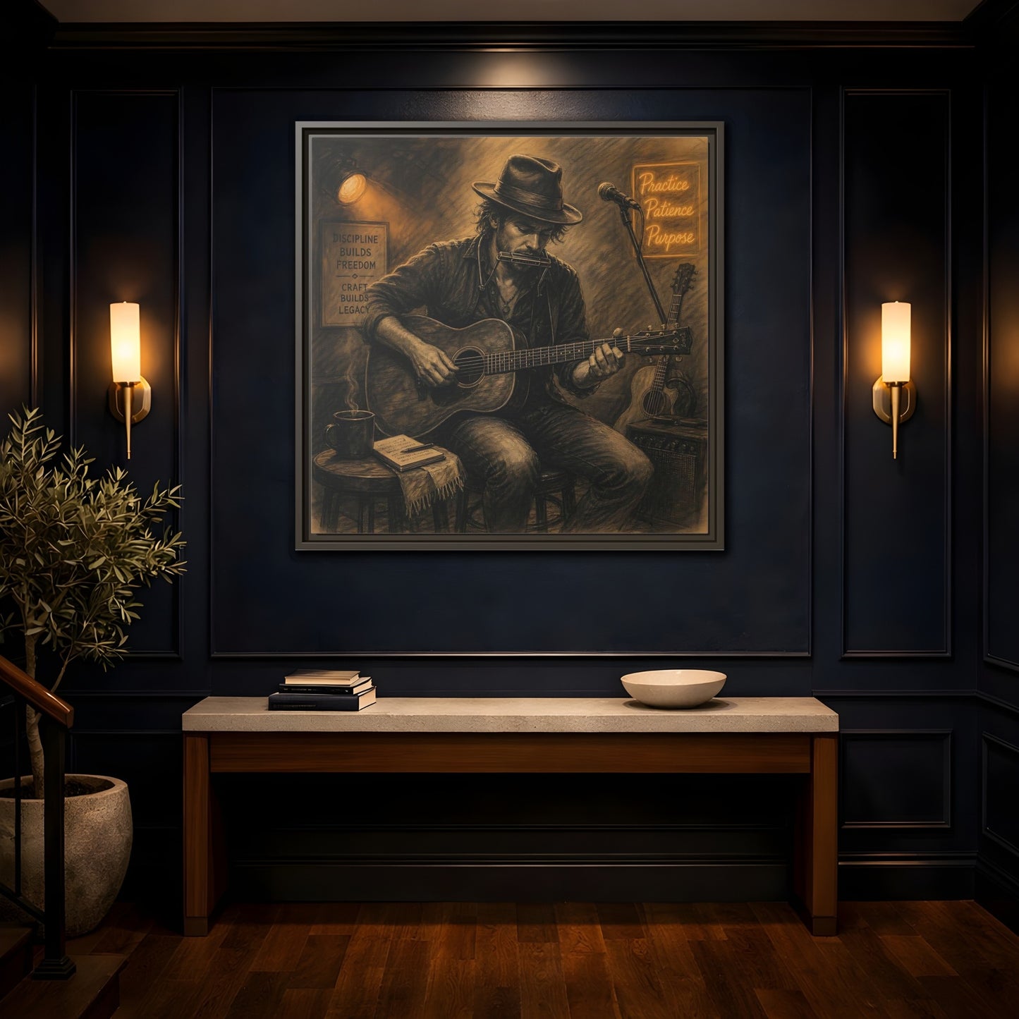 Mockup 4. Vintage Musician Sepia Musician shown as framed canvas print